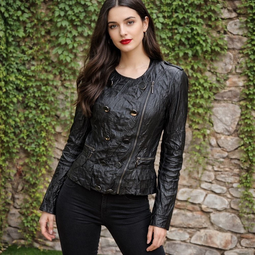 NWT VERTIGO QuietLuxury Black Crinkle Vegan Downtown Leather Moto Jacket, L